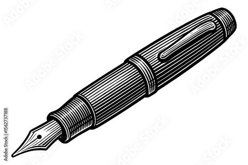 Detailed Engraved Fountain Pen Illustration in Black and White Style Writing Equipment