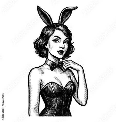 Elegant Pinup Woman with Bunny Ears and Bowtie in Engraved Style Black and White Portrait