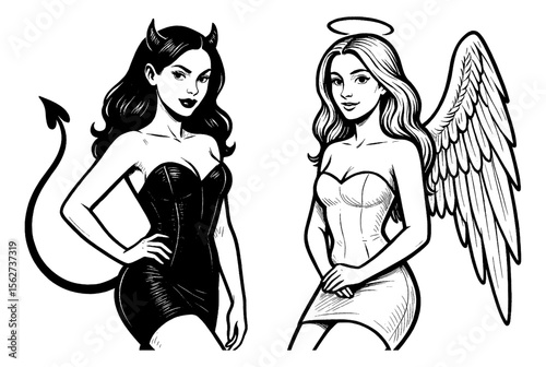 Illustration of a Caucasian Devil and Angel Women in Black and White Style