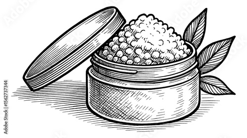 Engraved style illustration of a jar of caviar with an open lid and leaves