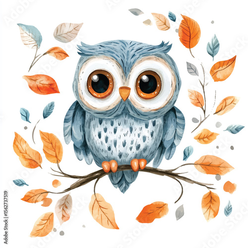 Cute Watercolor Owl with Autumn Leaves (1)