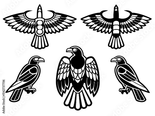 Collection of stylized black and white bird illustrations in various poses