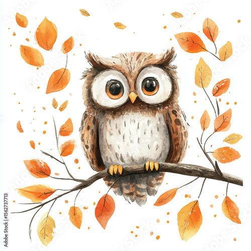 Cute Watercolor Owl with Autumn Leaves (2)