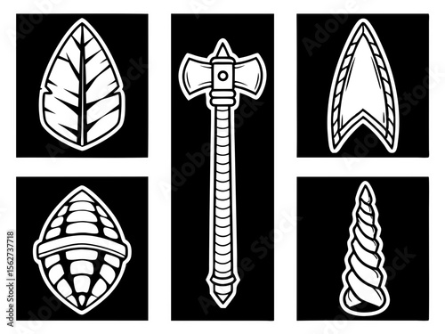 Collection of stylized fantasy icons including an axe leaf arrowhead helmet and horn