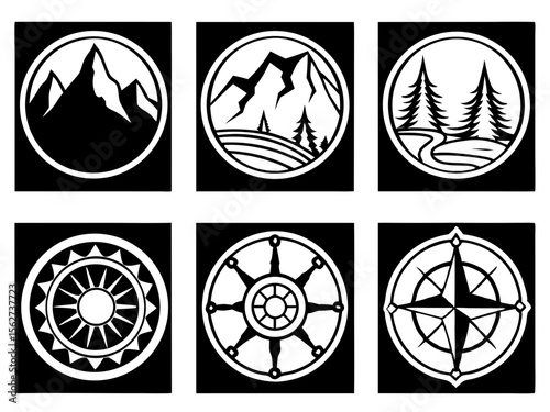 Collection of six circular nature and directional icons in white on black background