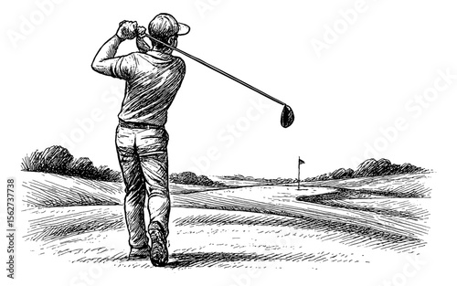 Man playing golf in golf course in sketched detailed black and white outline line art drawing