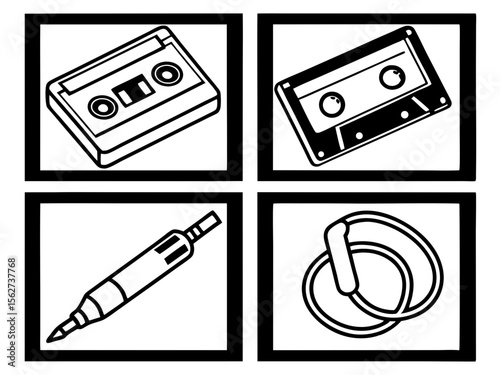 Vintage audio cassette tape and audio jack icons in a grid layout
