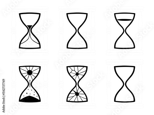 Collection of six white hourglass icons with different sand levels and designs on black background
