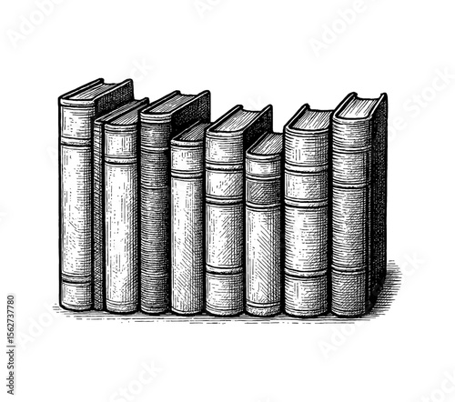 Stack of old hardcover books in detailed black and white line art drawing
