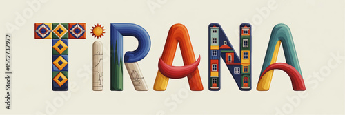 Colorful Tirana Typography Illustration with Landmarks and Cultural Motifs, Vibrant Albania City Wall Art, Modern Travel Poster Design