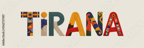 Tirana Albania Colorful Artistic Typography Illustration – Creative City Name Design with Decorative Patterns and Abstract Elements