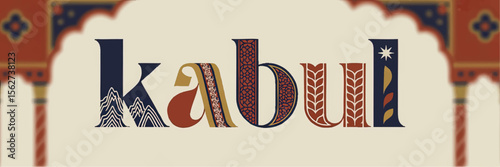 Artistic Kabul Typography Illustration with Afghan Motifs, Traditional Patterns, Ornamental Lettering, and Cultural Design Elements
