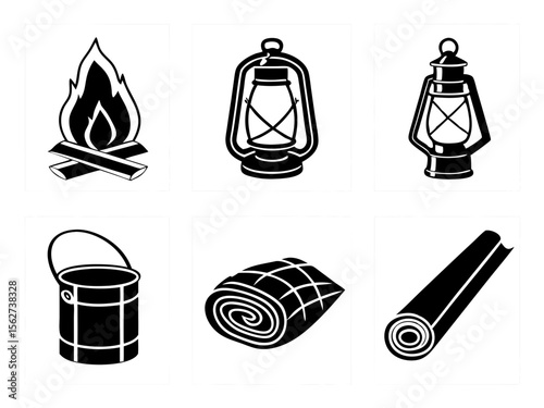 Set of six camping icons including campfire lantern bucket rolled sleeping bag and firewood