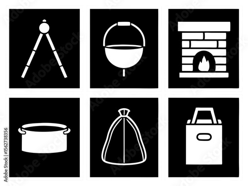 Collection of six white icons representing camping and cooking equipment on a black background