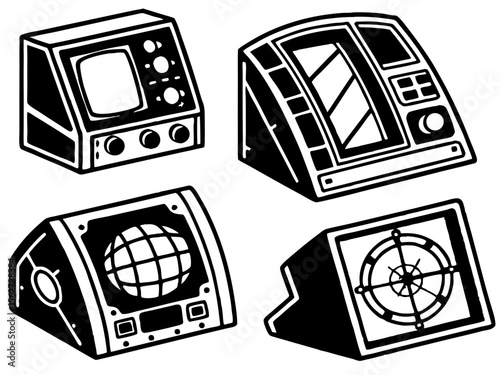 Collection of retro electronic displays and control panels in a graphic style
