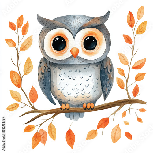 Cute Watercolor Owl with Autumn Leaves on a Branch (1)
