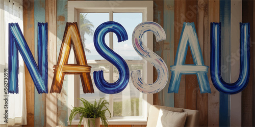 Nassau Bahamas Decorative Wall Art with Coastal Blue and Wooden Tones, Hand-Painted Typography, Beach House Interior Design Inspiration