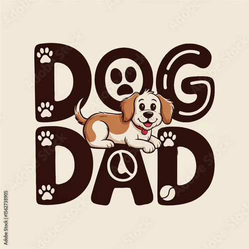 Cute Cartoon Dog Dad Typography Illustration with Adorable Puppy and Paw Prints, Perfect for Father's Day Gifts, T-Shirts, and Pet Lovers