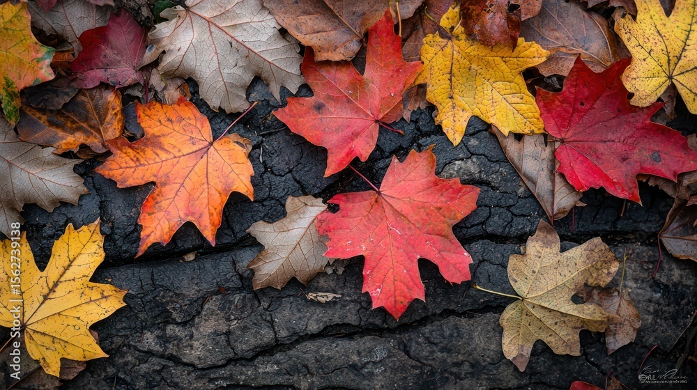 A collection of autumn leaves scattered on a rocky surface, with a mix of vibrant and muted colors. A collection of autumn leaves scattered on a rocky surface, with a mix of vibrant and muted colors.
