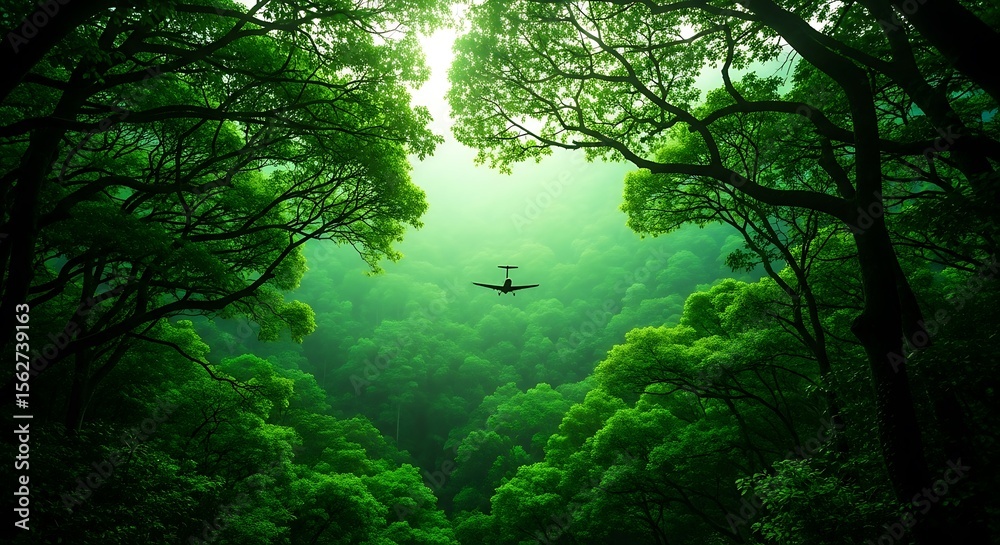 Obraz premium Airplane flying over lush green forest canopy with sunlit sky above