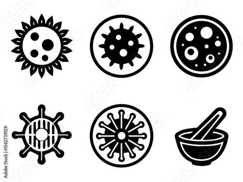 Collection of stylized virus icons and mortar and pestle symbol on white circles