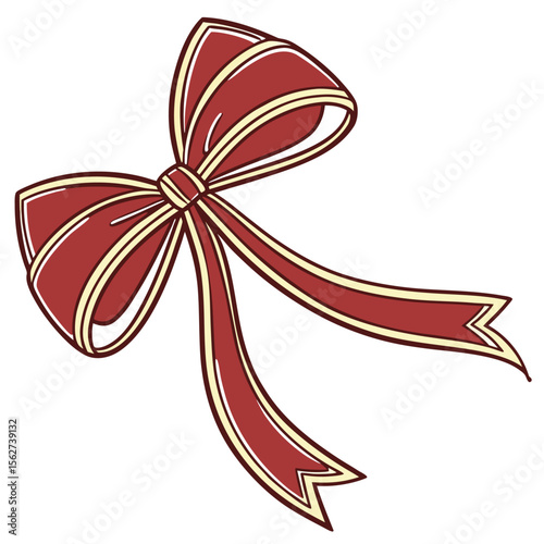 A digital illustration of a decorative red bow with thin, light-colored (possibly gold or cream) outlines. The bow has two distinct loops and two trailing ribbons with pointed, notched ends.