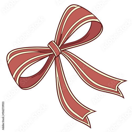 A red bow with white stripes, tied into a neat loop with two trailing ends. The design is simple and festive.