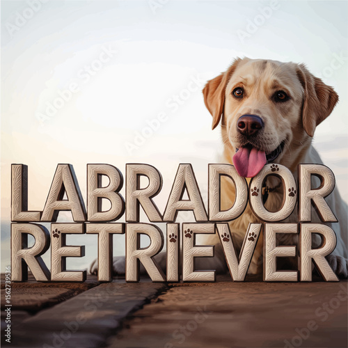 Friendly Labrador Retriever Dog with Tongue Out Behind 3D Wooden Letters, Pet Portrait on Outdoor Wooden Deck at Sunset