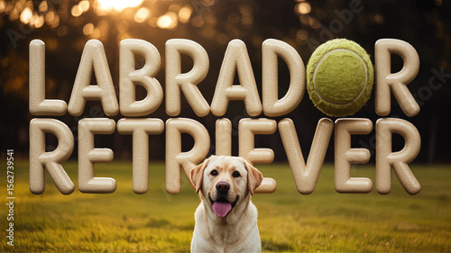 Labrador Retriever Dog with Tennis Ball Text Art in Sunny Park – Playful Pet Illustration for Animal Lovers and Dog Training Concepts