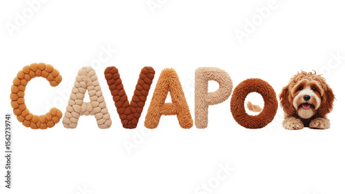 Cute Cavapoo Dog with Fluffy Textured Typography, Brown and Cream Colors, Isolated on White Background – Playful Pet Design