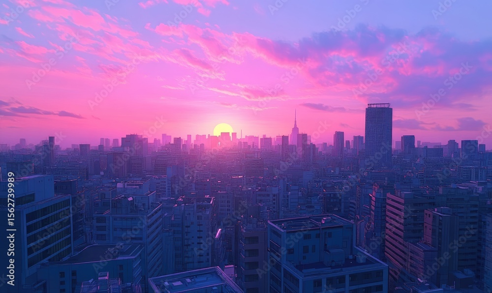 Fototapeta premium Aerial view of a city skyline at vibrant sunset. 