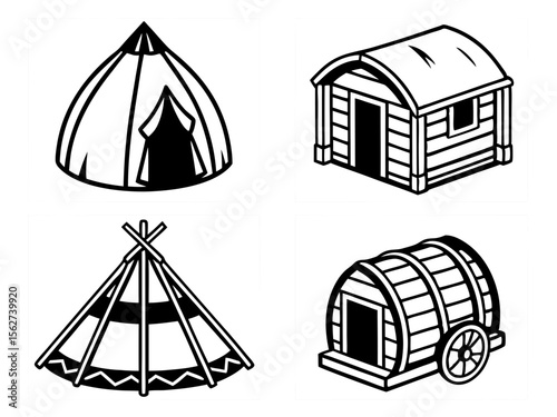 Collection of four simple black and white illustrations of traditional dwellings