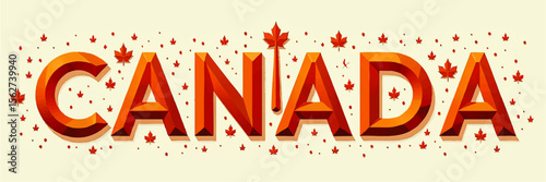 3D Canada Typography with Red Maple Leaves, Festive Celebration Design, Patriotic Vector Illustration for Holidays, Tourism, Posters