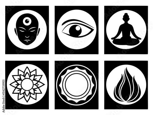 Collection of six spiritual and yoga symbols in circles on black background