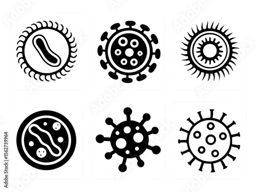 Collection of stylized black and white virus and bacteria icons on white backgrounds