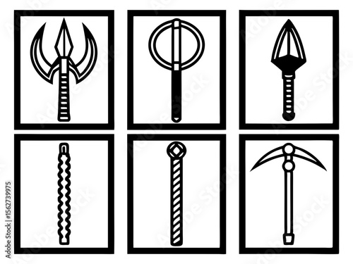 Collection of stylized weapon icons in black and white frames
