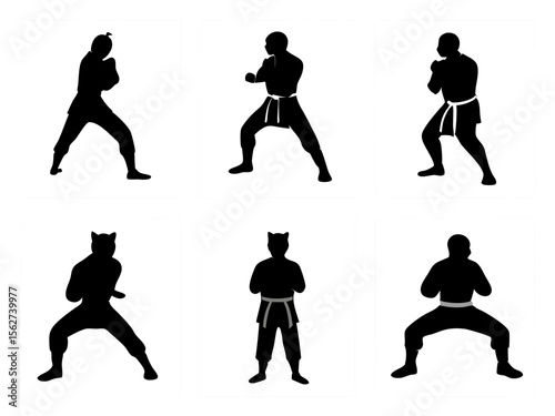 Silhouettes of martial artists in various combat stances and attire