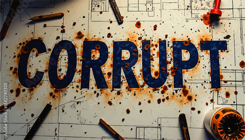 Corruption Concept Art – Rusty Stains and Dirty Tools on Blueprint Background with CORRUPT Text, Industrial Scandal Theme