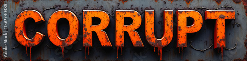 Corrupt Text in Grungy Rusty Metal Style With Dripping Paint, Barbed Wire and Distressed Industrial Urban Texture Background
