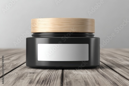 A black ceramic container with a wooden lid filled with black soy sauce, isolated on a white background.