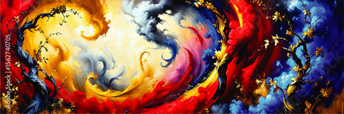 Vivid Abstract Swirling Colors with Trees and Blossoms – Fantasy Nature Painting, Colorful Surreal Background Art