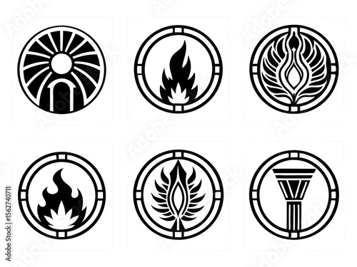 Collection of six stylized black and white circular emblem icons