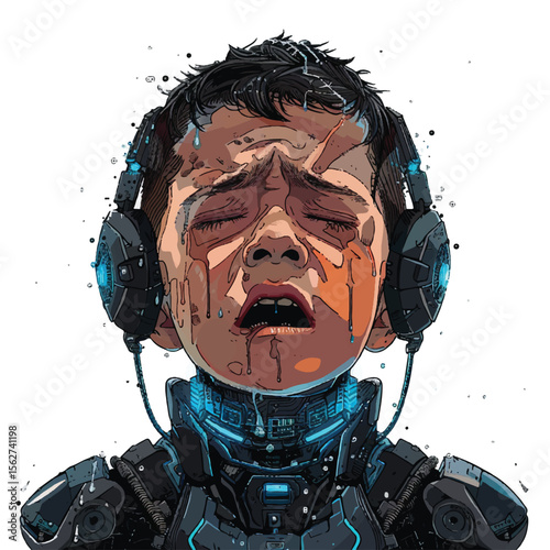 Cybernetically Enhanced Crying Child Wearing Futuristic Headphones and Armor