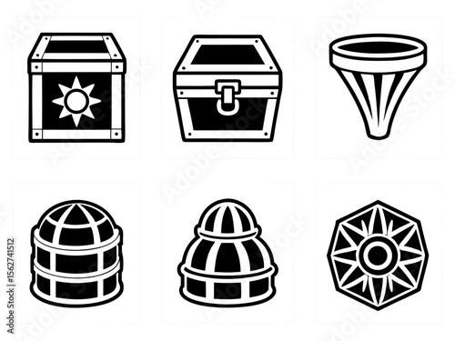 Collection of six black and white icons representing game elements and treasures