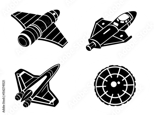 Collection of stylized black and white icons representing spacecraft and space exploration elements