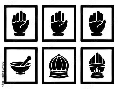 Collection of six black and white icons including hands mortar and pestle and religious symbols