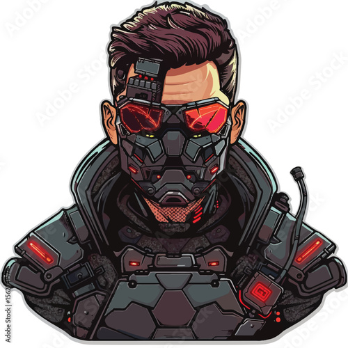 Cyberpunk Warrior with Red Visor and Augmented Headgear Illustration