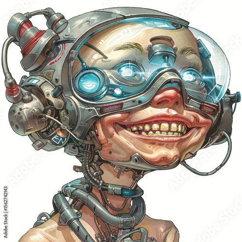 Cyborg with Glowing Eyes and Wide Grin Wearing Futuristic Headgear