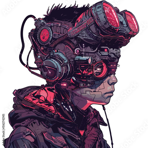 Cyberpunk Youth Profile with Glowing Red Augmented Reality Headset