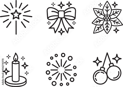Festive Holiday Icon Collection Featuring Sparklers, Bows, Poinsettias, Candles, Firework Burst, and Christmas Ornaments for Seasonal Design